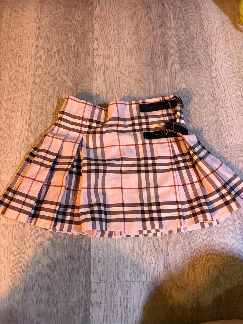 Burberry Pink Tartan Pleated Skater Skirt with Buckle Straps